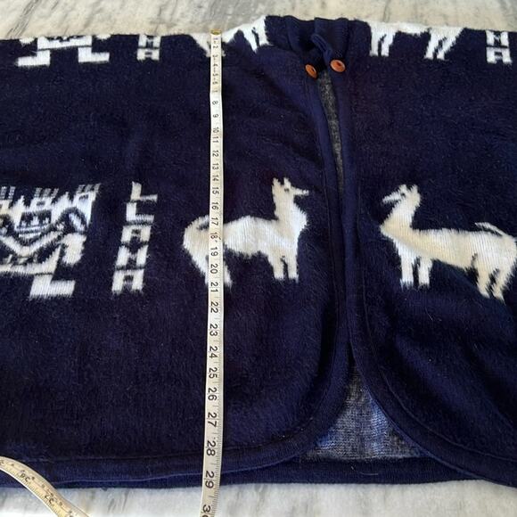 Llama INCA Print Navy Blue White Poncho Sweater Cape Boho Hippie Cozy Warm - Picture 10 of 11